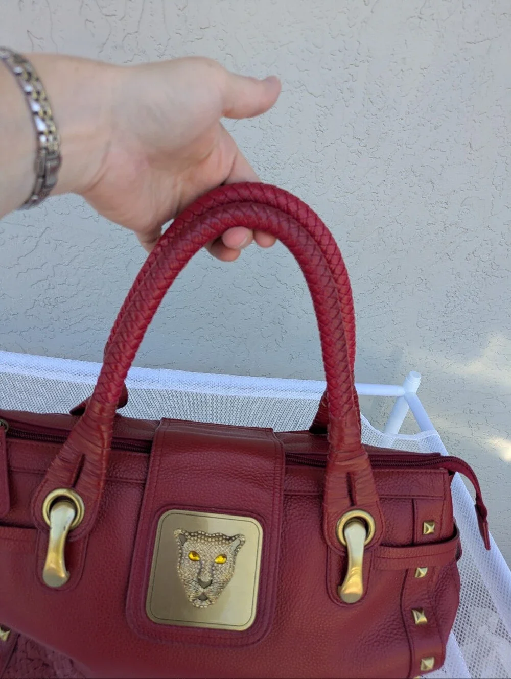 Sharif 1827 Red Leather Panther Hardware Satchel Tote Bag Y2K VTG
